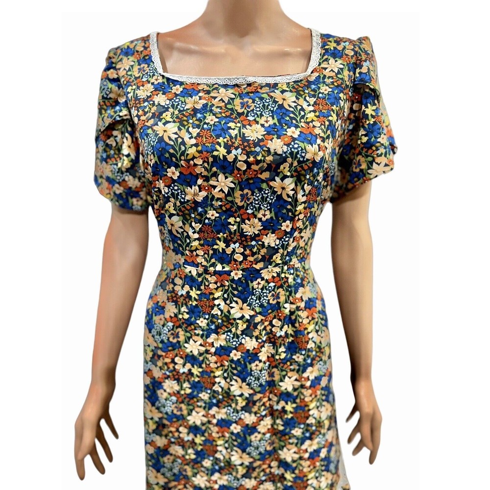 NWT Vintage Retro 60S Style Blue Dress Midi Dress Floral Tie Back Fits Size SML